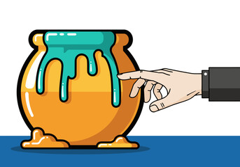Fototapeta premium A stylized illustration depicts a hand interacting with a honey pot, representing cybersecurity trap data. Bold colors and a graphic style create a striking visual.