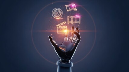 Robotic hand with glowing film icons, dark background