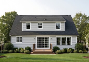 A beautiful white twostory house with a dark gray roof and green lawn