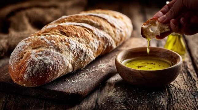 Hand dipping bread in olive oil bowl