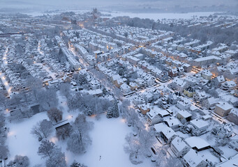 Aerial photo of a snowy area with residential buldings in the city of Kornwestheim in Baden-Wuerttemberg, Germany
