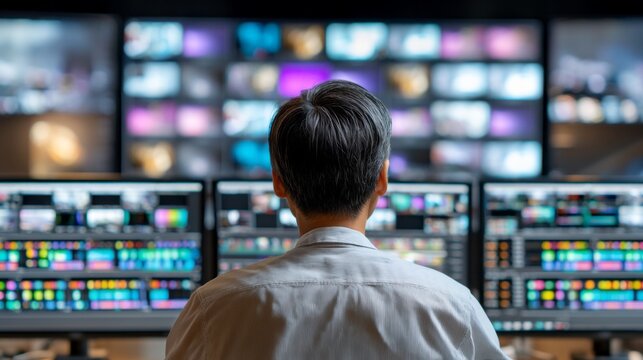 A dedicated video editor focuses intently on multiple screens filled with colorful footage while working late at night in a vibrant broadcasting studio, bringing stories to life