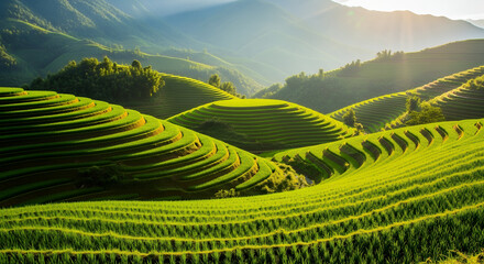 Terraced hills and lush green fields under a bright sunny sky viewed from a high vantage point