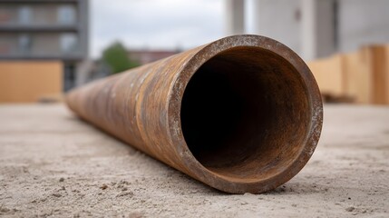 A long rusty metal pipe lies on the sandy ground at a construction site with blurred buildings in the background