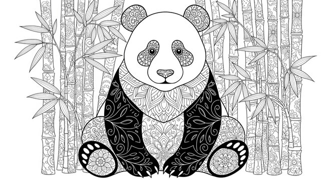 Intricate black and white line art drawing of a giant panda with mandala patterns sitting among bamboo stalks, perfect for adult coloring books.