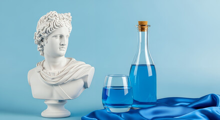 A marble bust of a classical figure alongside a glass and bottle of blue liquid on a table with draped fabric