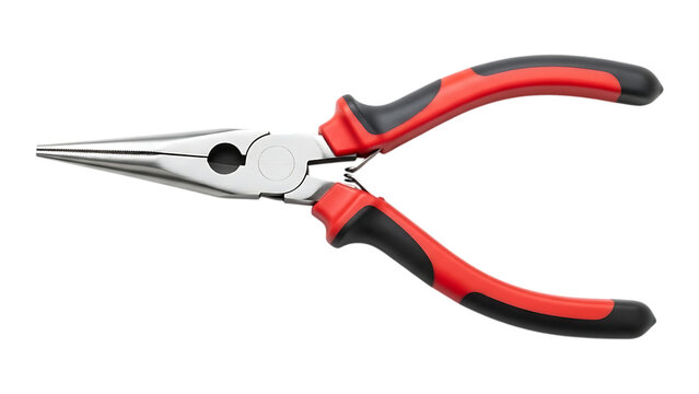 High quality needle nose pliers with red and black handles on a white background for precision gripping
