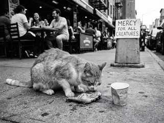 Street Cat Eating from Bowl - Urban Stray Animal Care Compassion Black and White Photography