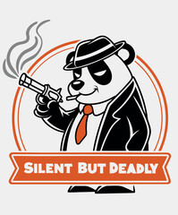 Mafia Panda Hitman Illustration with Fedora and Gun, Silent But Deadly Cartoon Mascot