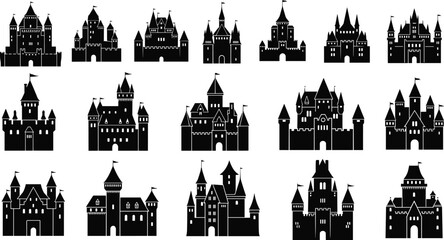Obraz premium Medieval castle silhouette set, fantasy fairytale fortress icons, isolated black architecture vector illustration collection design