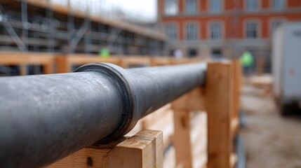 A close up of a large dark metal pipe supported by wooden beams at an outdoor construction site