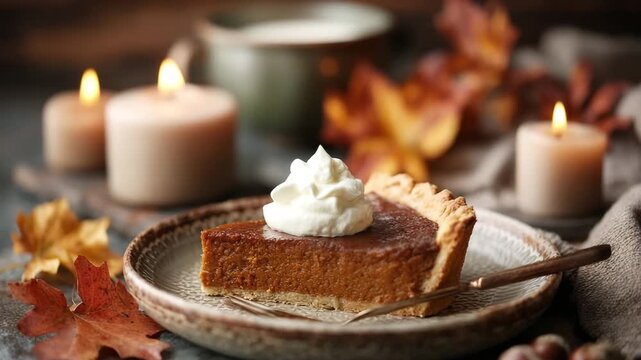 Slice of pumpkin pie with whipped cream on rustic plate surrounded by autumn decor. Slice of pumpkin pie with dollop of cream, autumn leaves and candles, Thanksgiving celebration.