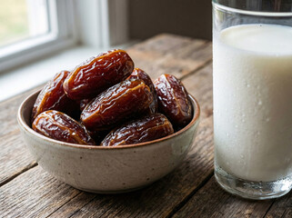 Dried dates and milk traditional Ramadan Iftar meal for breaking fast during holy month