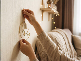 Muslim woman in hijab holding glowing crescent moon light pendant during Ramadan night celebration