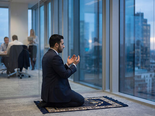 Muslim businessman praying on mat in modern office during Ramadan break spiritual worship balance
