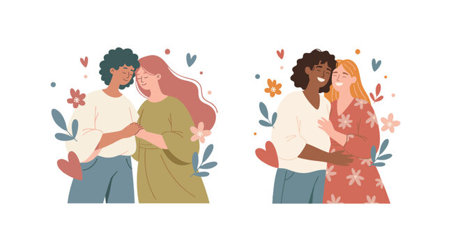 A modern flat illustration set showing two diverse pairs of women couples hugging and holding hands, celebrating love, inclusivity, and partnership with surrounding abstract floral elements.