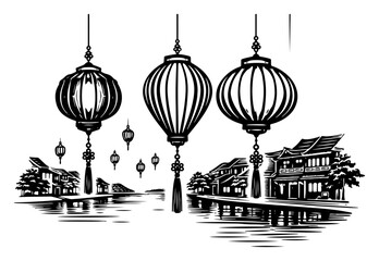 Traditional asian lanterns hanging over river town landscape in monochrome style © Katarzyna