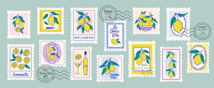 Postage stamps with lemons. Summer food vintage doodle posters, cards. Italian coastal food. Background design with hand drawn frame.