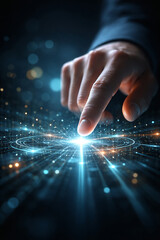 Human finger touching a glowing digital network grid with light trails representing digital transformation and big data connectivity for modern business and future technology concepts
