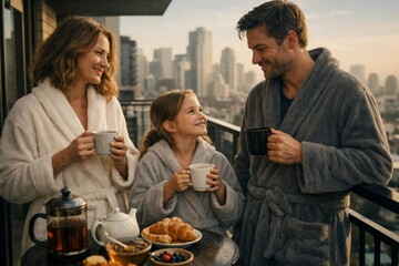Obraz premium Family in cozy bathrobes enjoying morning coffee on balcony with city skyline, relaxed weekend breakfast and togetherness.