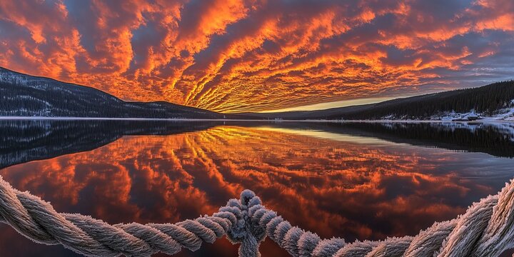 Crisp Winter Splendor A Frozen Lake Reflecting a Fiery Sunset Sky in Nature s Tranquil Embrace
