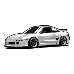 Vector illustration of a Japanese-style sports coupe car with a clean, modern, and aggressive design. Side view with aerodynamic body, racing wheels, and rear spoiler. Ideal for automotive designs. © Rendida