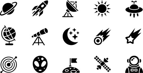 Astronomy icons set with planets, telescope, rocket, alien, astronaut, moon, comet and solar design © Rojob