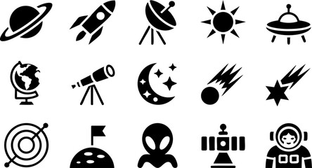 Astronomy icons set with planets, telescope, rocket, alien, astronaut, moon, comet and solar design © Rojob