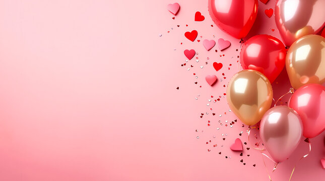 Composici&oacute;n rom&aacute;ntica minimalista con globos decorativos dorados y rojos sobre fondo rosa pastel. Estilo elegante y festivo con confeti en forma de corazones y amplio espacio para texto.