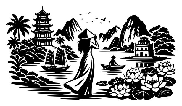Scenic vietnamese landscape featuring woman in ao dai and pagoda by the river