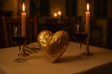 Romantic Candlelit Dinner with Gold Heart Chocolate and Red Wine