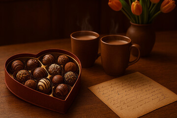 Romantic Chocolate Truffles with Hot Cocoa and Love Letter on Rustic Table