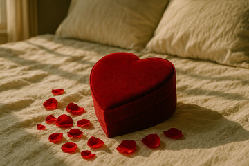 Luxurious Red Velvet Heart Chocolate Box on Linen Bed in Morning Light