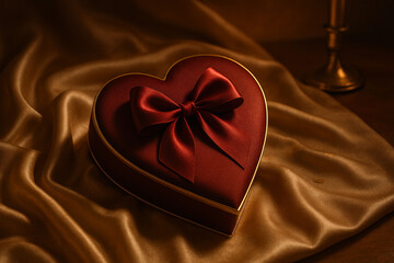 Elegant Valentine&rsquo;s Day Still Life with Heart‑Shaped Chocolate Box on Silk Fabric