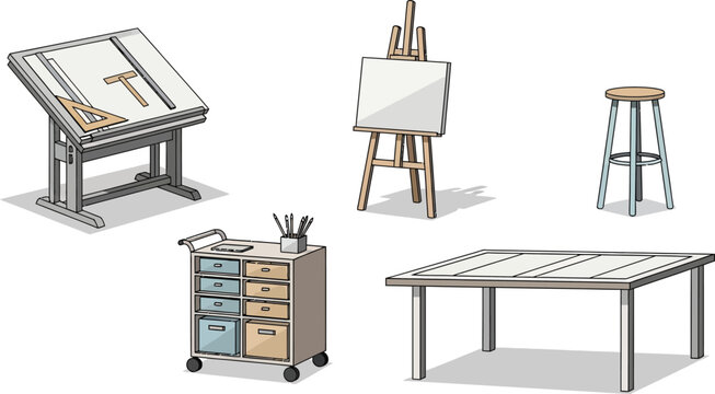 Professional art studio equipment collection including drafting table wooden easel stool storage cart and large desk