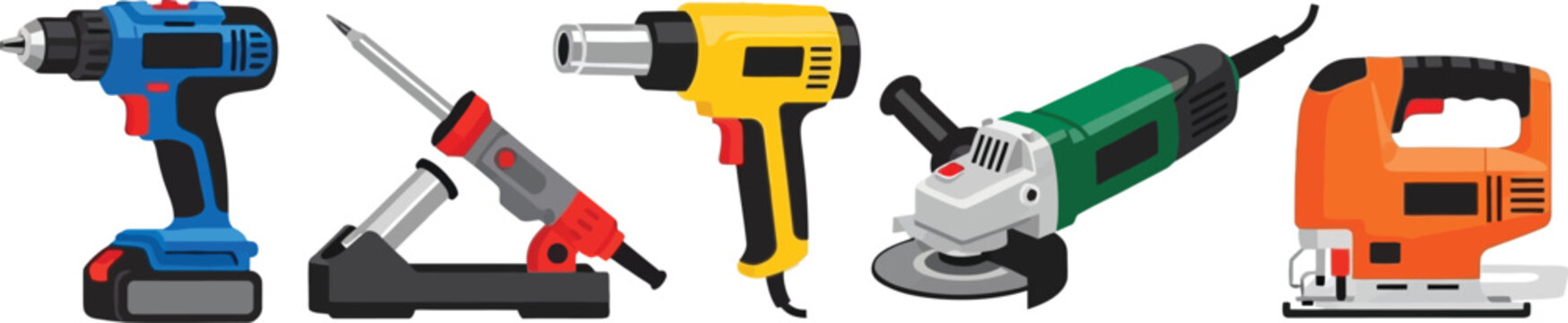 Professional power tools set featuring blue cordless drill soldering iron yellow heat gun angle grinder and orange jigsaw