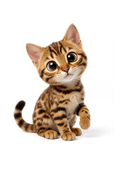Fototapeta premium Adorable cartoon Bengal Kitten with Big Eyes Isolated on White Background