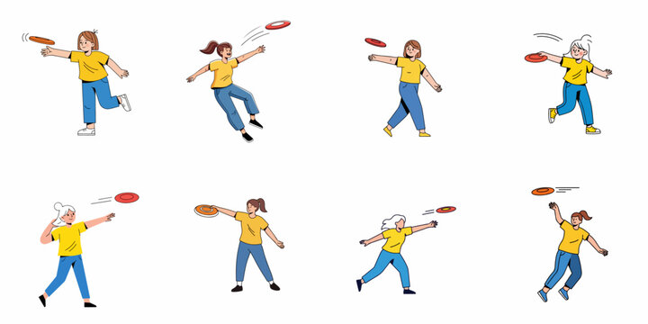 Women Playing Frisbee Set: Vector Illustrations of Girls Throwing and Catching Flying Discs, Demonstrating Active Outdoor Fun and Leisure Activities.
