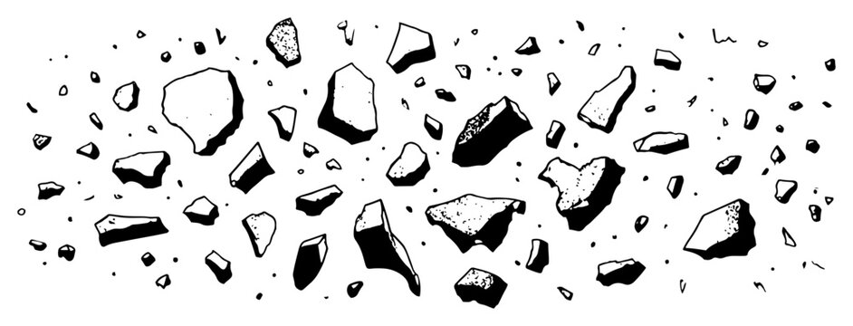 Set of shattered stone pieces and rock fragments floating in space