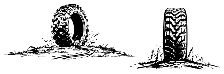 Off road vehicle tires rolling through mud and dirt sketch illustration © Katarzyna