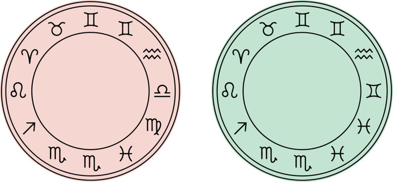 Minimal zodiac astrology wheel icons set featuring horoscope signs pastel circular chart celestial vector design