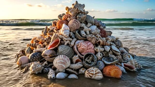 Seashells piled on the beach at sunset, ocean waves in the background.