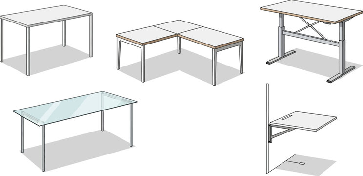 Various isometric desk designs including simple modern l shaped glass top and adjustable height tables for office use