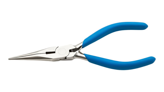 High quality needle nose pliers with blue ergonomic handles and sharp silver metal jaws ideal for precision gripping and bending tasks in various industries and crafting projects