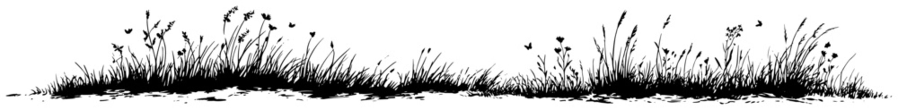 Horizontal border of grass and wild flowers in black and white sketch style