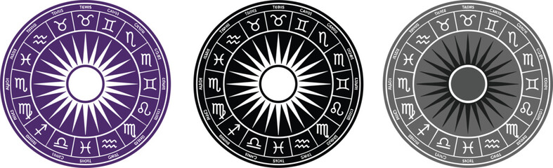 Fototapeta premium Zodiac astrology wheel icons set featuring horoscope symbols sun circle celestial mystic design vector illustration