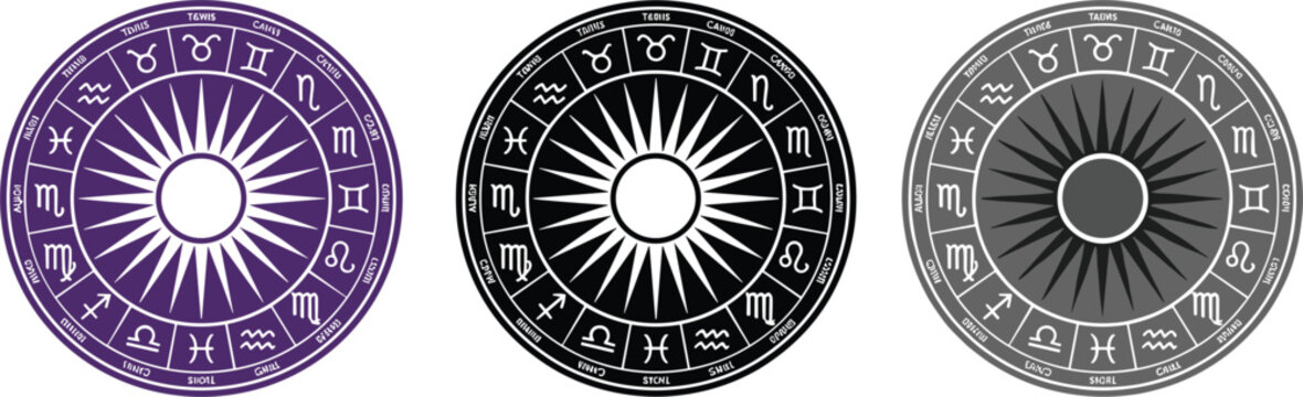 Zodiac astrology wheel icons set featuring horoscope symbols sun circle celestial mystic design vector illustration