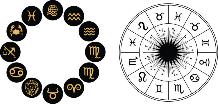 Zodiac sign icons and astrology wheel set featuring horoscope symbols celestial mystic sun chart vector design