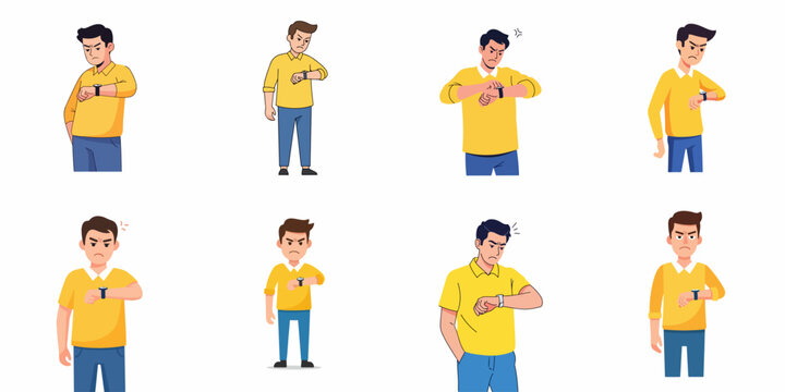 Collection of frustrated and angry young men checking their wristwatches, demonstrating impatience, delay, or being late for an appointment.