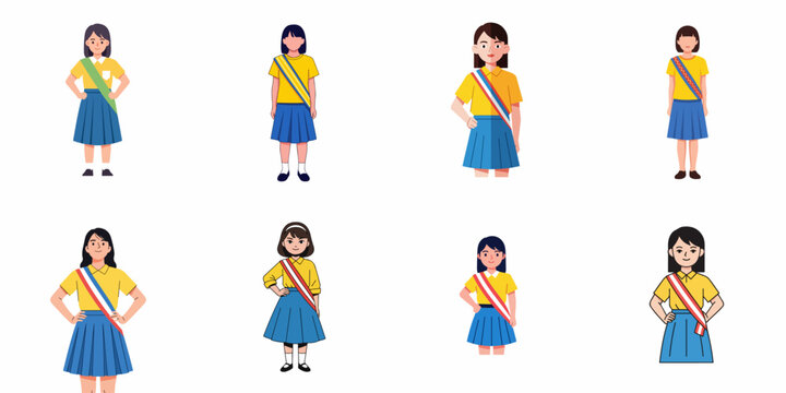Set of eight cartoon illustrations featuring female students in uniform wearing diverse colorful leadership or representative sashes.